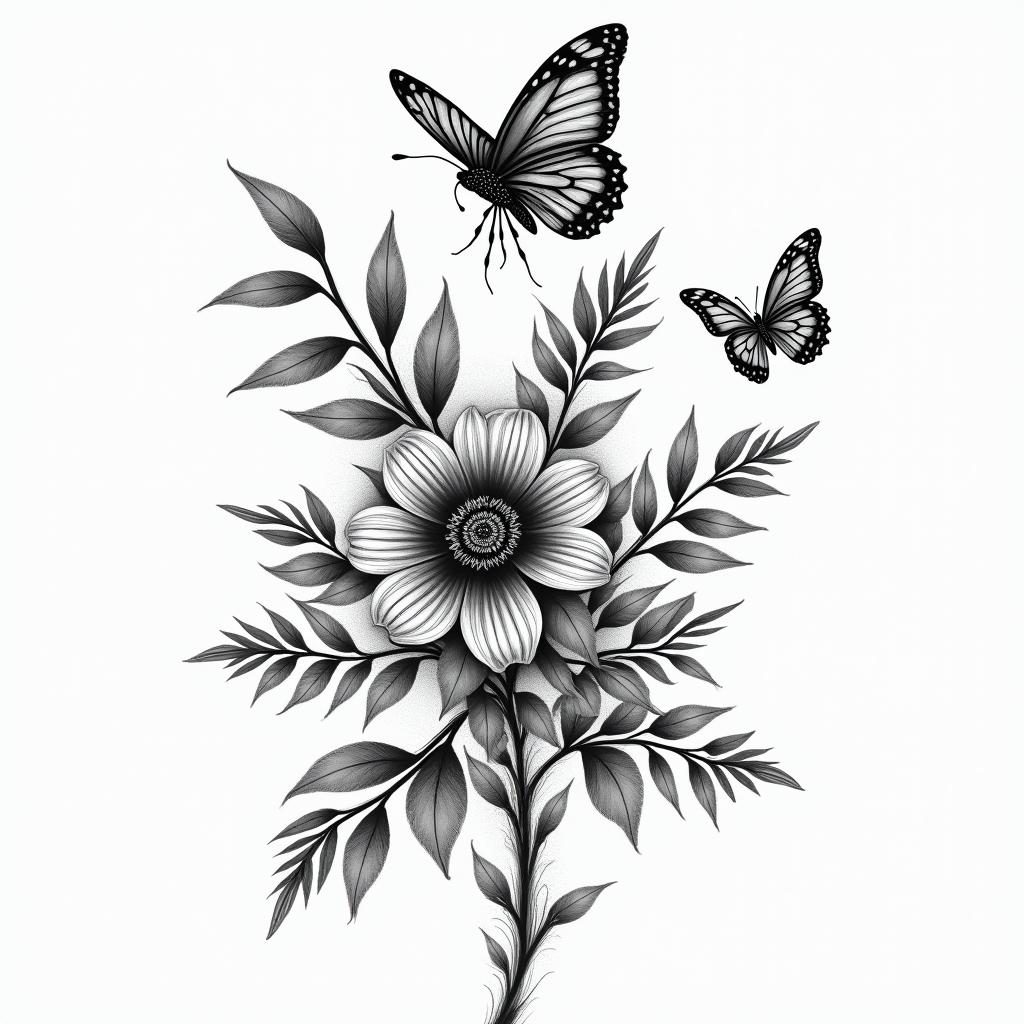 Plants birds butterflieshigly detailed tattoo - Variation 4