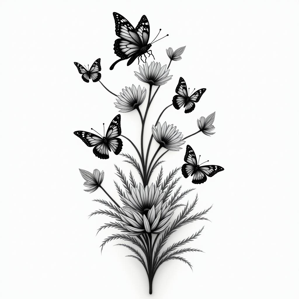 Plants birds butterflieshigly detailed tattoo - Variation 2