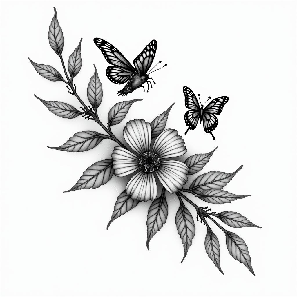 Plants birds butterflieshigly detailed tattoo - Variation 3
