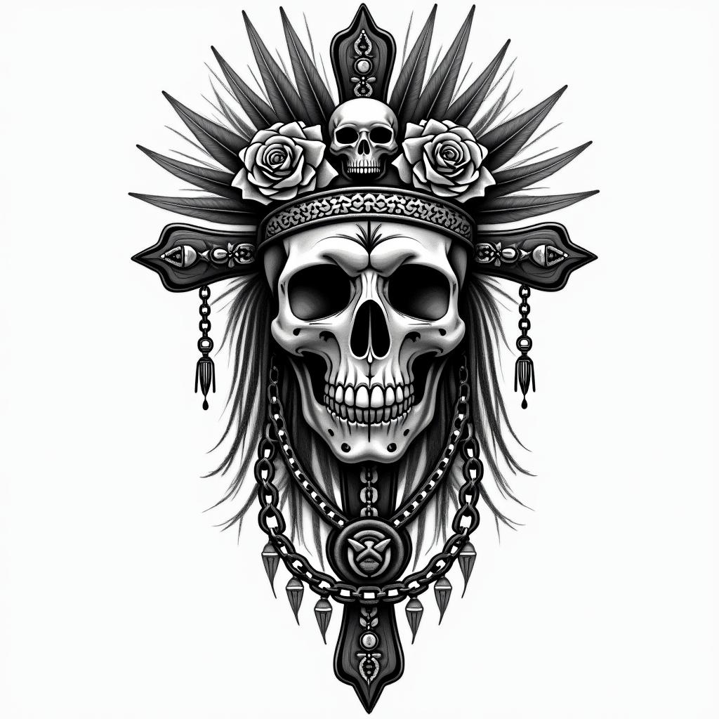 Aztec warrior in a skull incorporated with a skullin chicano style tattoo, featuring intricate black and grey shading, bold elements of traditional chicano culture symbols, add a big cross with skull, chains and roses - Variation 4