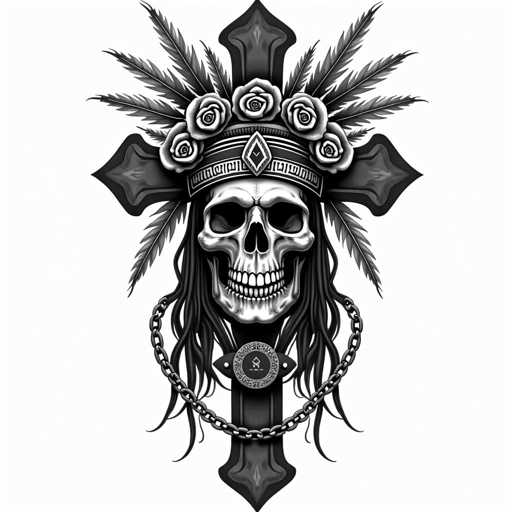Aztec warrior in a skull incorporated with a skullin chicano style tattoo, featuring intricate black and grey shading, bold elements of traditional chicano culture symbols, add a big cross with skull, chains and roses - Variation 2