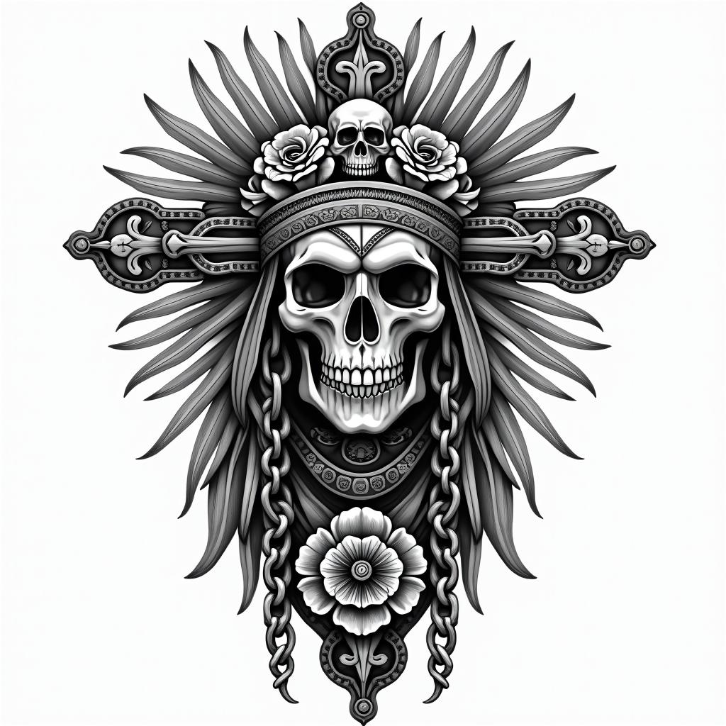 Aztec warrior in a skull incorporated with a skullin chicano style tattoo, featuring intricate black and grey shading, bold elements of traditional chicano culture symbols, add a big cross with skull, chains and roses - Variation 3