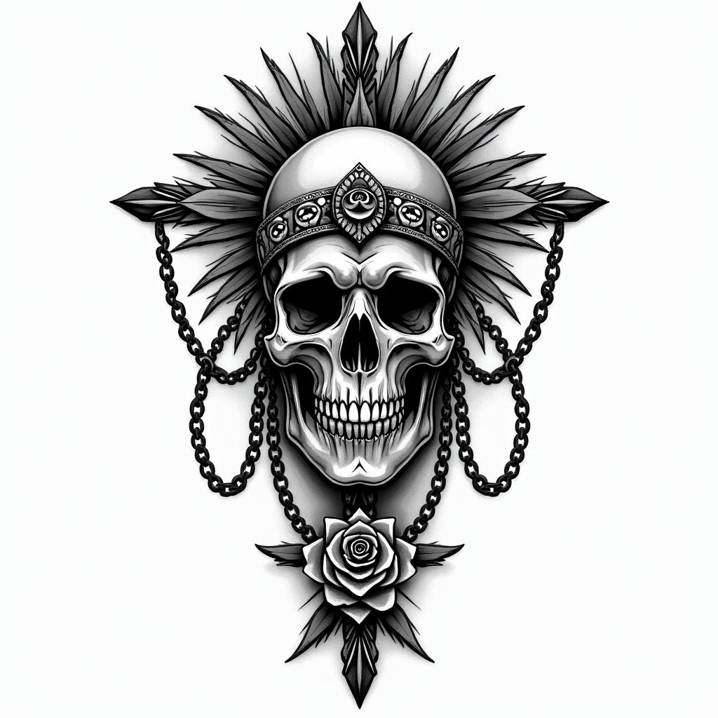 Aztec warrior in a skull incorporated with a skullin chicano style tattoo, featuring intricate black and grey shading, bold elements of traditional chicano culture symbols, add a big cross with skull, chains and roses