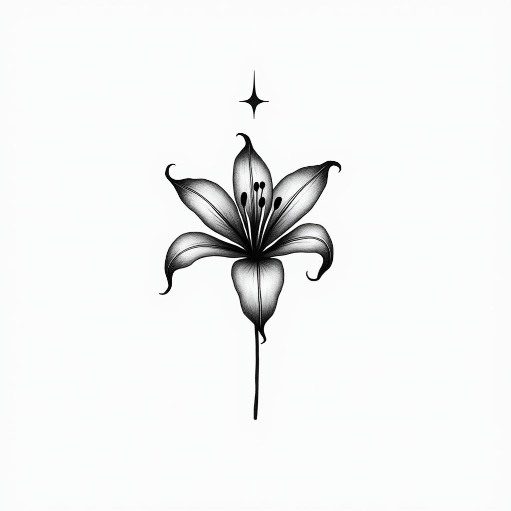 Lily.  Violetin minimalist style tattoo, featuring simple shapes and fine lines, with minimal shading and details, tiny triangles, creating a sense of balance and harmony