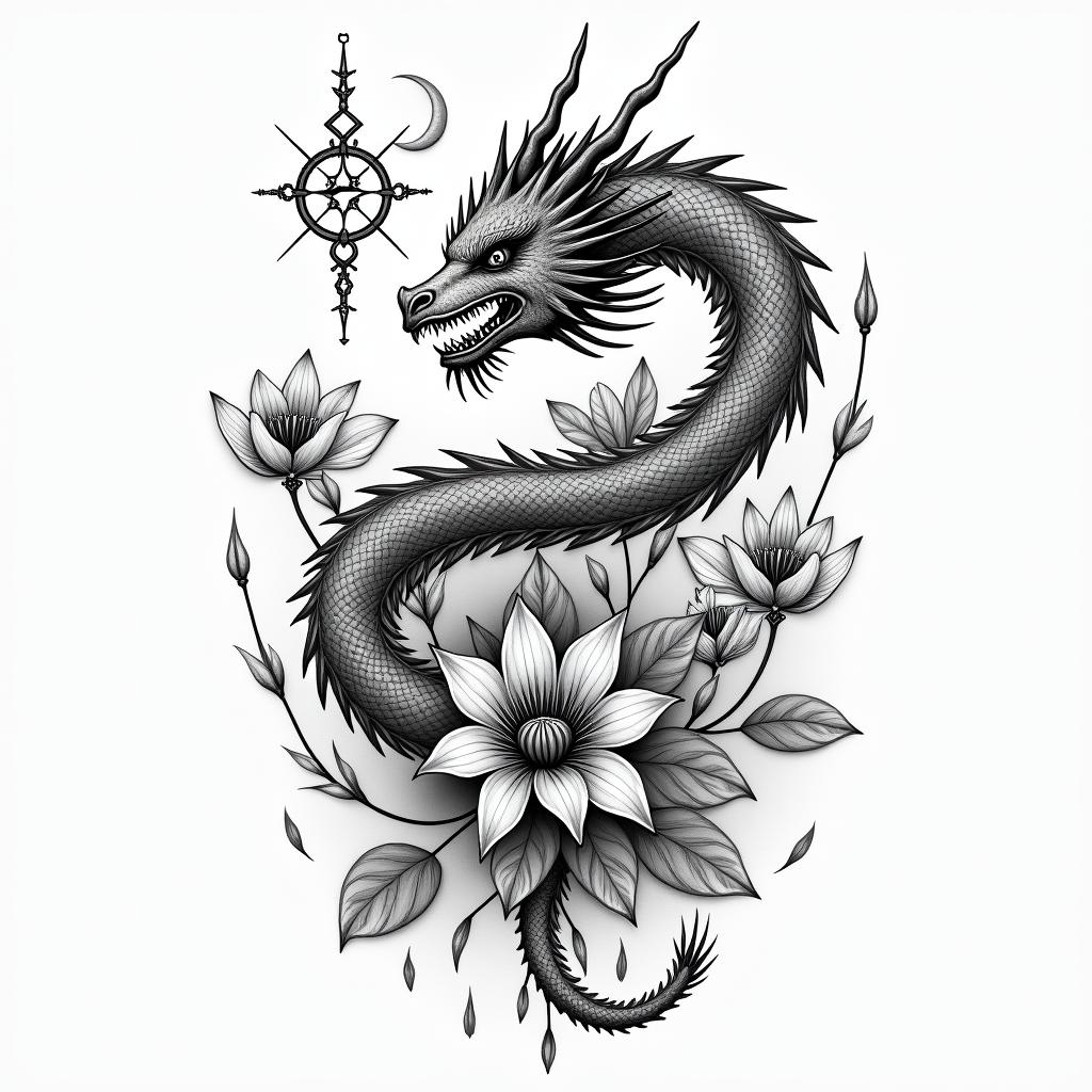 A dragon surrounded by only larkspurs and water lily’sin paganic style tattoo, featuring ancient symbols, add vegvisir symbol, mystical figures, incorporating designs, pentagrams, runes, crescent moons, - Variation 2