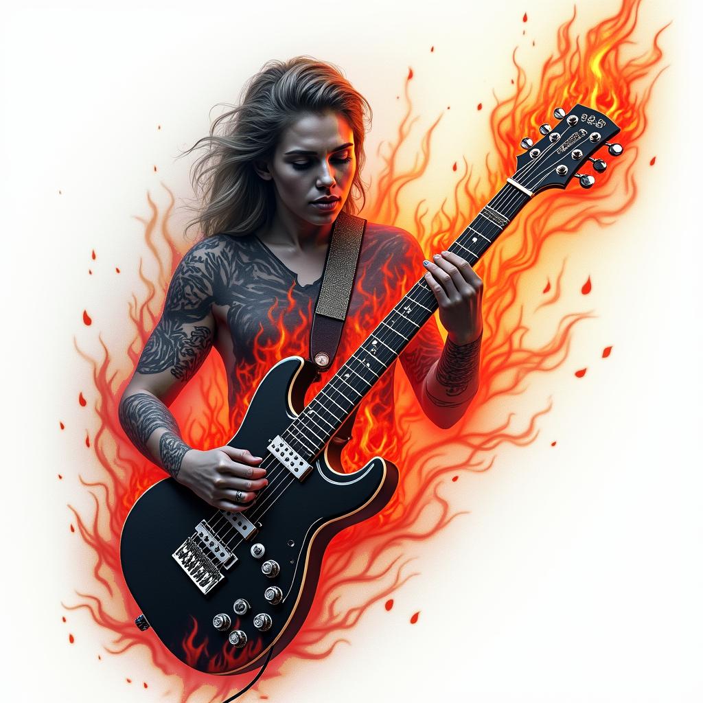 Rock & musicin flame tattoo style showcasing fiery elements with dynamic flame patterns, glowing effect of flames, natural colors - Variation 4