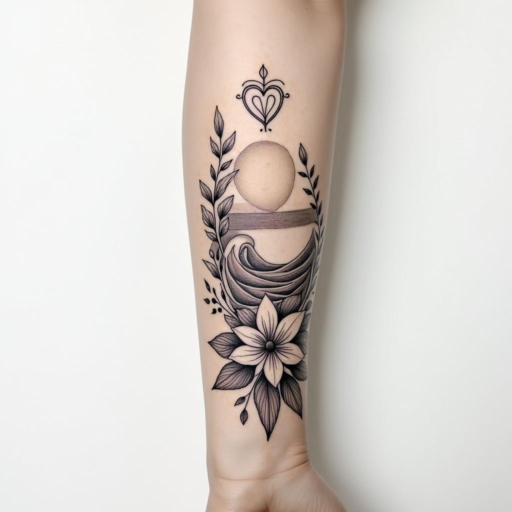 Floral sleevein Modest style tattoo, featuring soft, delicate line work with simple and meaningful symbols, gentle waves, a heart, evoking a sense of serenity and grace, - Variation 2