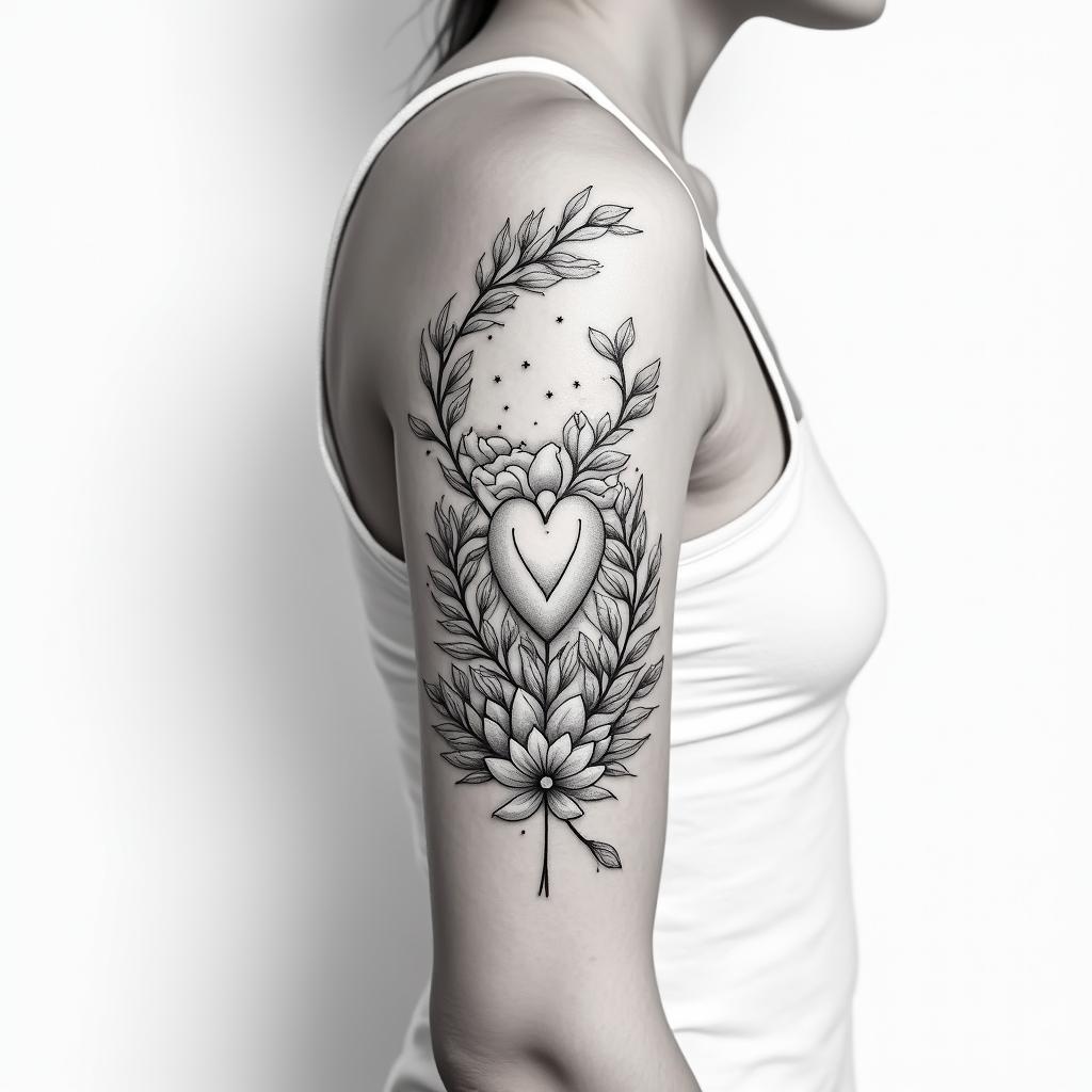 Floral sleevein Modest style tattoo, featuring soft, delicate line work with simple and meaningful symbols, gentle waves, a heart, evoking a sense of serenity and grace, - Variation 4