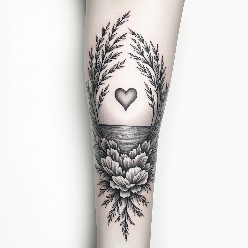 Floral sleevein Modest style tattoo, featuring soft, delicate line work with simple and meaningful symbols, gentle waves, a heart, evoking a sense of serenity and grace, - Variation 3