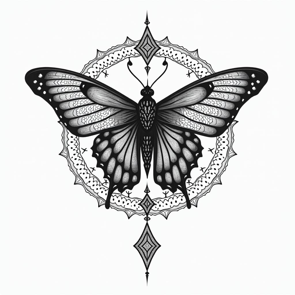 Marina, signo de virgem, transforma-se como uma borboleta e age tentando controlar o tempoin dotwork style tattoo, complex mandala patterns, interlocking geometric shapes with sharp symmetry, clean lines, sharp angles