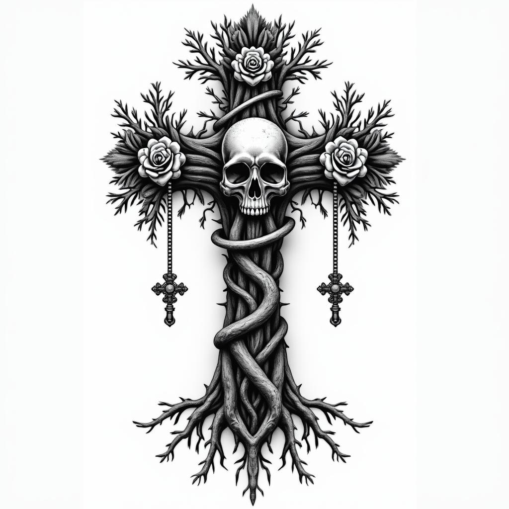 Tree of life with roots and branchesin chicano style tattoo, featuring intricate black and grey shading, bold elements of traditional chicano culture symbols, add a big cross with skull, chains and roses - Variation 8