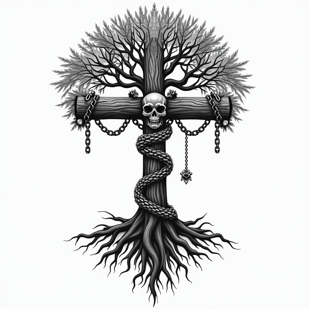 Tree of life with roots and branchesin chicano style tattoo, featuring intricate black and grey shading, bold elements of traditional chicano culture symbols, add a big cross with skull, chains and roses - Variation 6