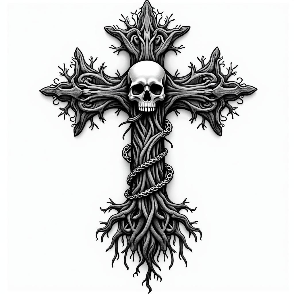Tree of life with roots and branchesin chicano style tattoo, featuring intricate black and grey shading, bold elements of traditional chicano culture symbols, add a big cross with skull, chains and roses - Variation 7