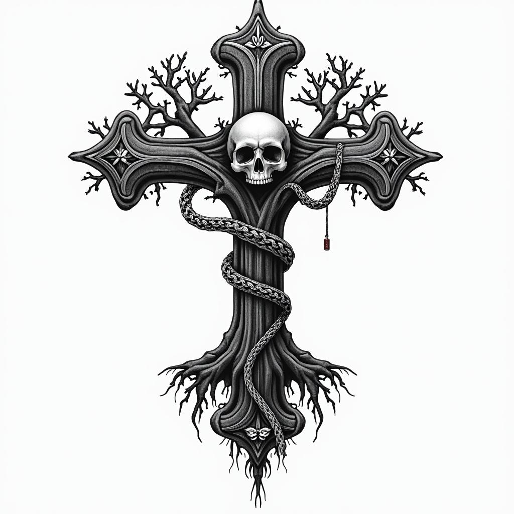 Tree of life with roots and branchesin chicano style tattoo, featuring intricate black and grey shading, bold elements of traditional chicano culture symbols, add a big cross with skull, chains and roses - Variation 5