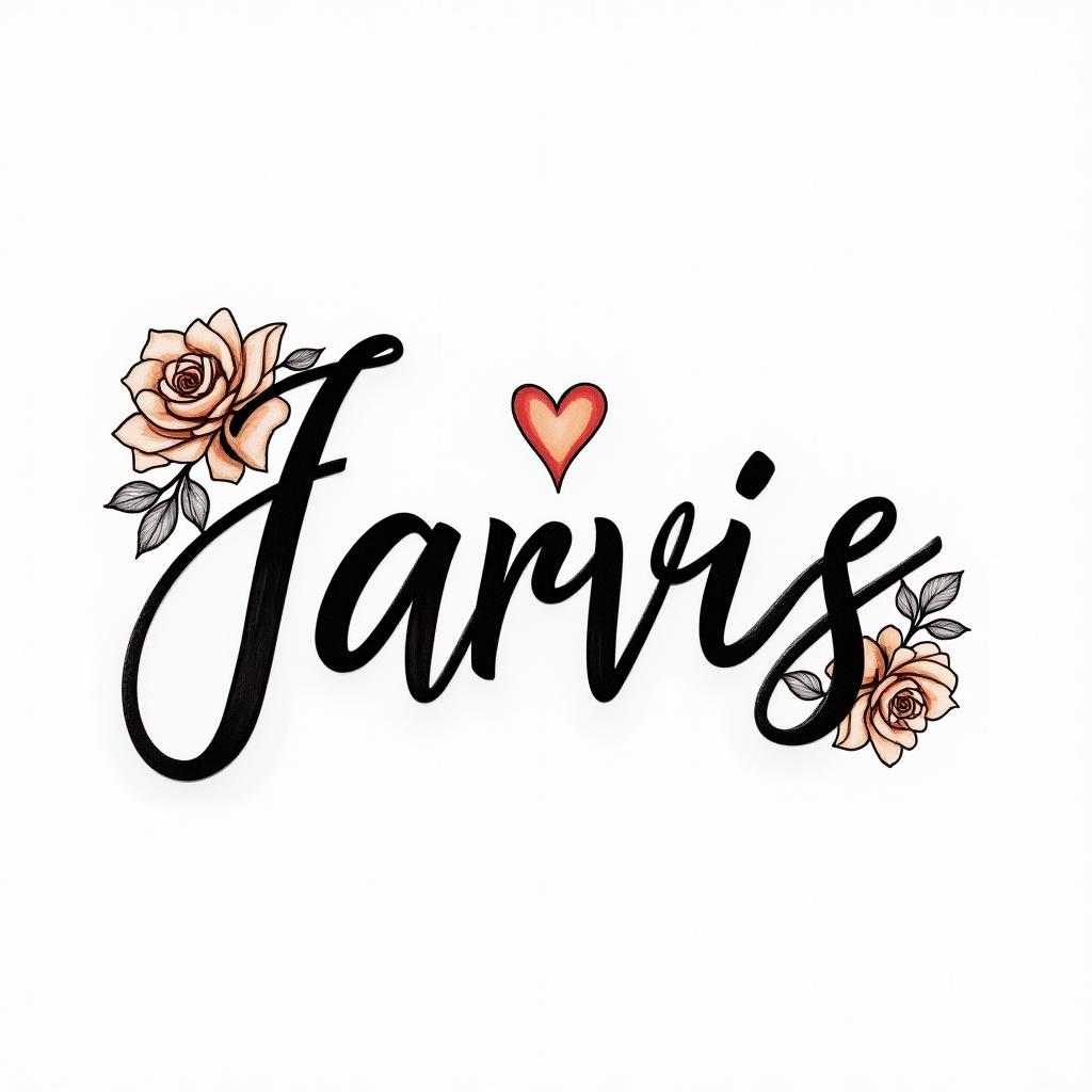 1995 jarvissin elegant cursive calligraphy style 2d tattoo, decorate with roses, featuring a smooth and flowing handwritten script with slightly thickened strokes for a luxurious and bold appearance,  heart symbol between names,  sleek and glossy black text with shadowing, minimalist matte white background, clean and sharp edges, illuminated with soft lighting, romantic, 8k, high-quality textures with refined typography
