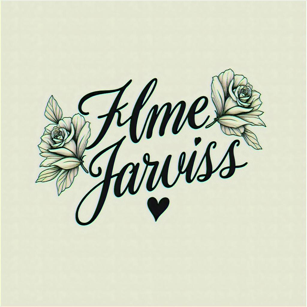 1995 jarvissin elegant cursive calligraphy style 2d tattoo, decorate with roses, featuring a smooth and flowing handwritten script with slightly thickened strokes for a luxurious and bold appearance,  heart symbol between names,  sleek and glossy black text with shadowing, minimalist matte white background, clean and sharp edges, illuminated with soft lighting, romantic, 8k, high-quality textures with refined typography - Variation 2