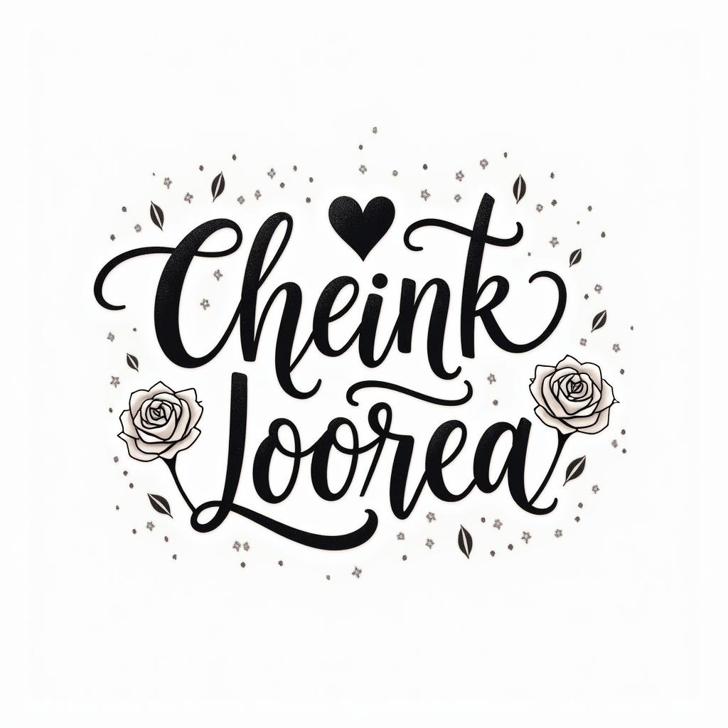 Melinda Dawn Morgan, calligraphyin elegant cursive calligraphy style 2d tattoo, decorate with roses, featuring a smooth and flowing handwritten script with slightly thickened strokes for a luxurious and bold appearance,  heart symbol between names,  sleek and glossy black text with shadowing, minimalist matte white background, clean and sharp edges, illuminated with soft lighting, romantic, 8k, high-quality textures with refined typography - Variation 4