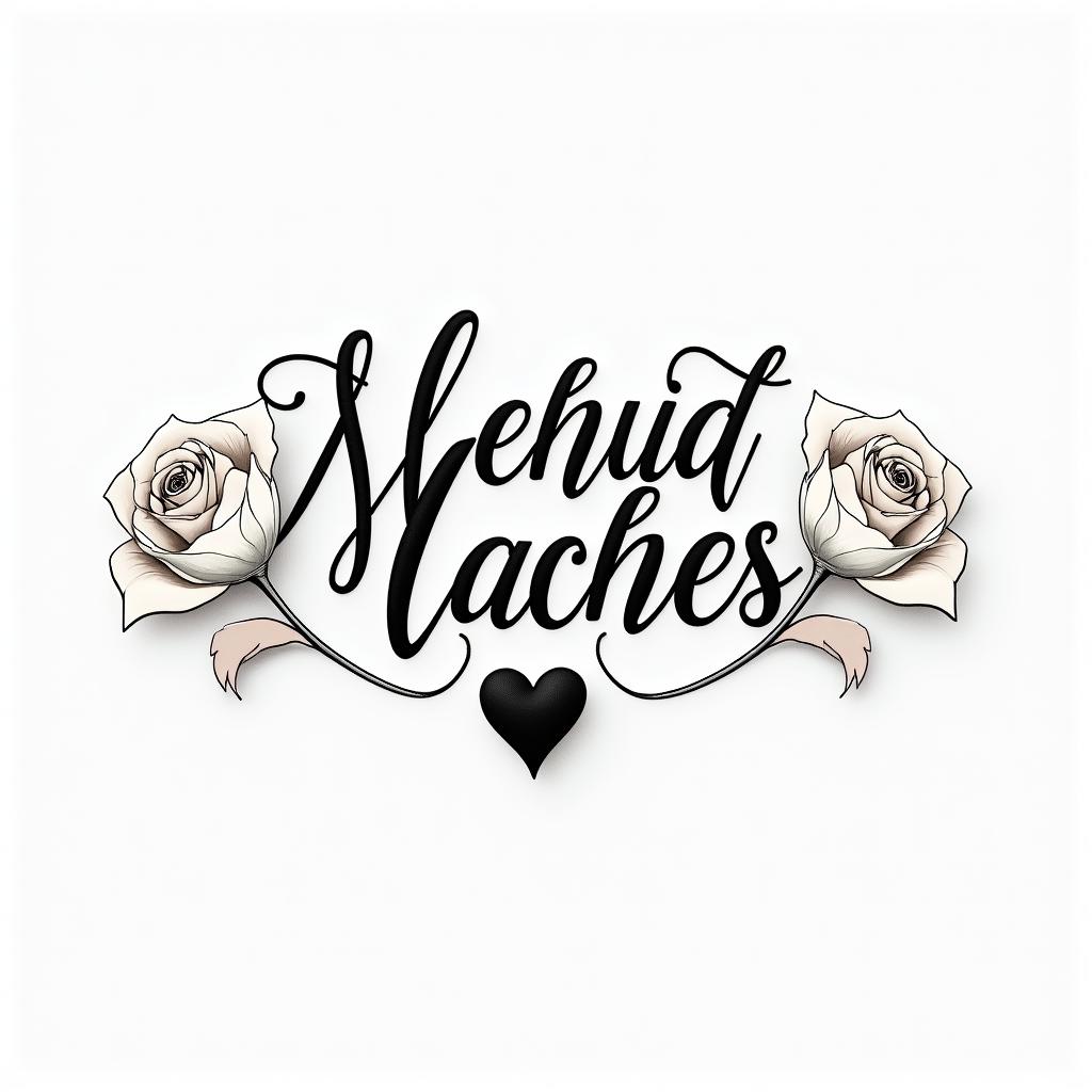 Melinda Dawn Morgan, calligraphyin elegant cursive calligraphy style 2d tattoo, decorate with roses, featuring a smooth and flowing handwritten script with slightly thickened strokes for a luxurious and bold appearance,  heart symbol between names,  sleek and glossy black text with shadowing, minimalist matte white background, clean and sharp edges, illuminated with soft lighting, romantic, 8k, high-quality textures with refined typography - Variation 2