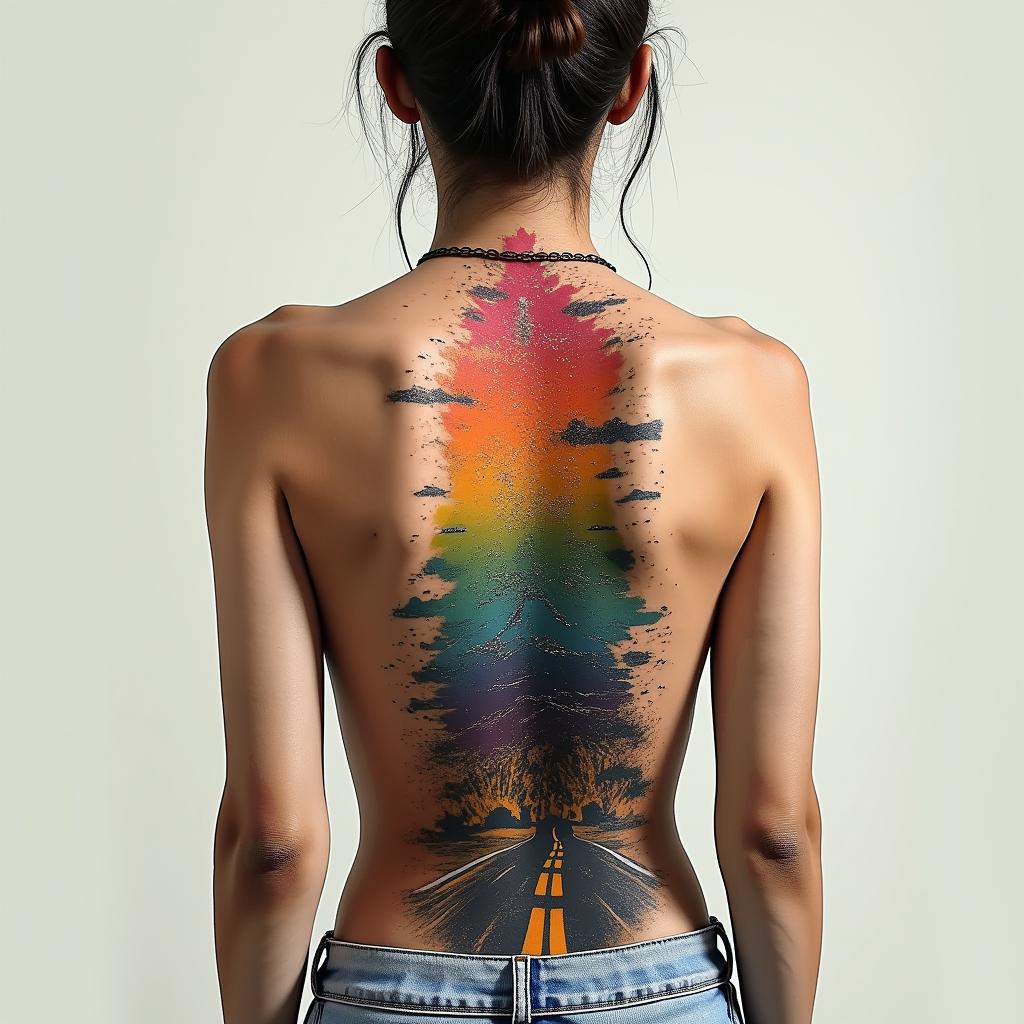 A collage with road journey along spine. Along the beginning of road stormy and trash debris tears drugs alcohol gambling struggle. At the end of the road unity money hope family bright rainbow Struggling with life and support no family and got it all taking away. Struggled with drugs and depression and gambling. Was in a car accident and got back surgery and a brain injury. Recieved a big settlement was able to get my family backin 8-bit tattoo style, minimalistic pixel style tattoo, pixel art with simplified shapes and retro gaming visuals, inspired by 8-bit pixel based detailing - Variation 4