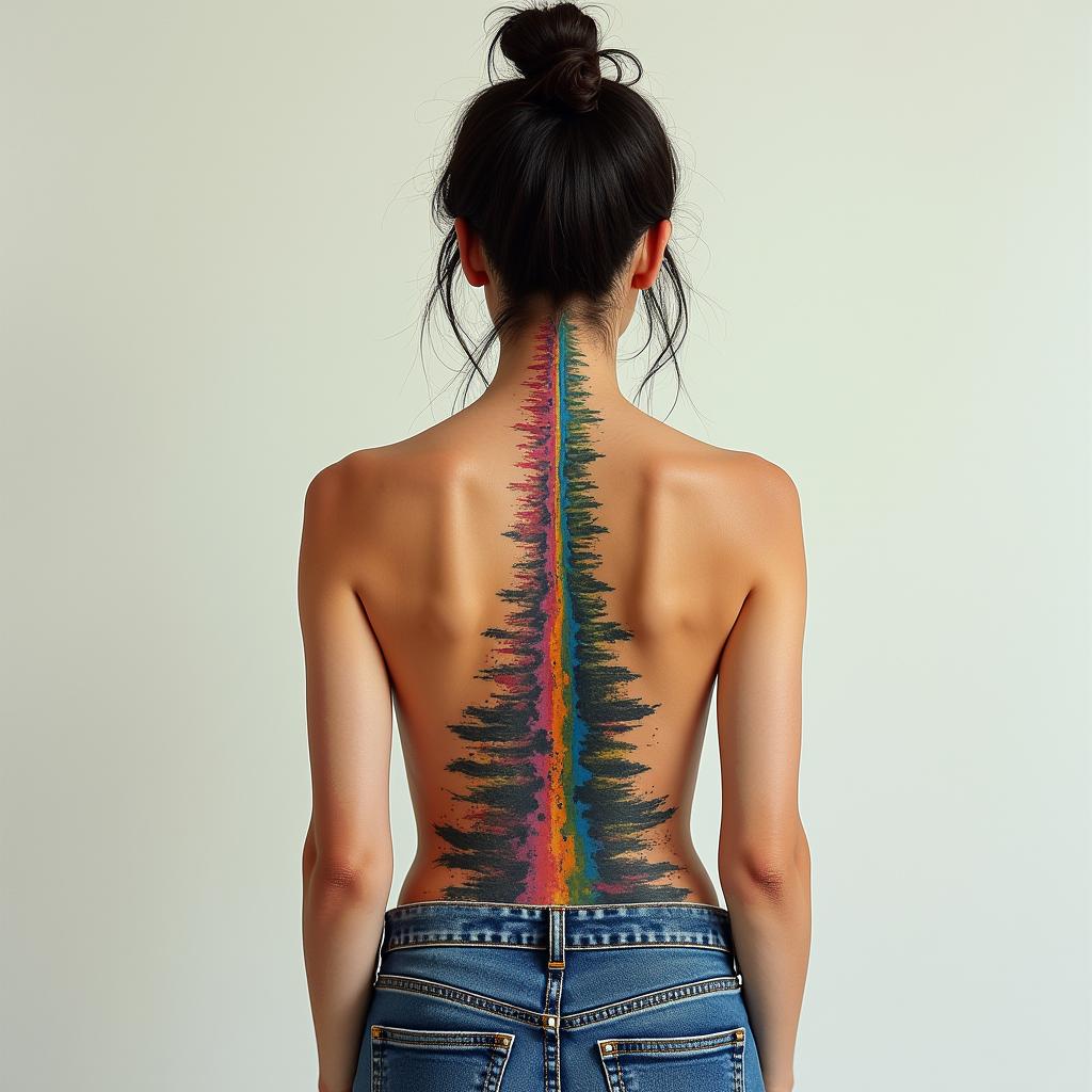 A collage with road journey along spine. Along the beginning of road stormy and trash debris tears drugs alcohol gambling struggle. At the end of the road unity money hope family bright rainbow Struggling with life and support no family and got it all taking away. Struggled with drugs and depression and gambling. Was in a car accident and got back surgery and a brain injury. Recieved a big settlement was able to get my family backin 8-bit tattoo style, minimalistic pixel style tattoo, pixel art with simplified shapes and retro gaming visuals, inspired by 8-bit pixel based detailing