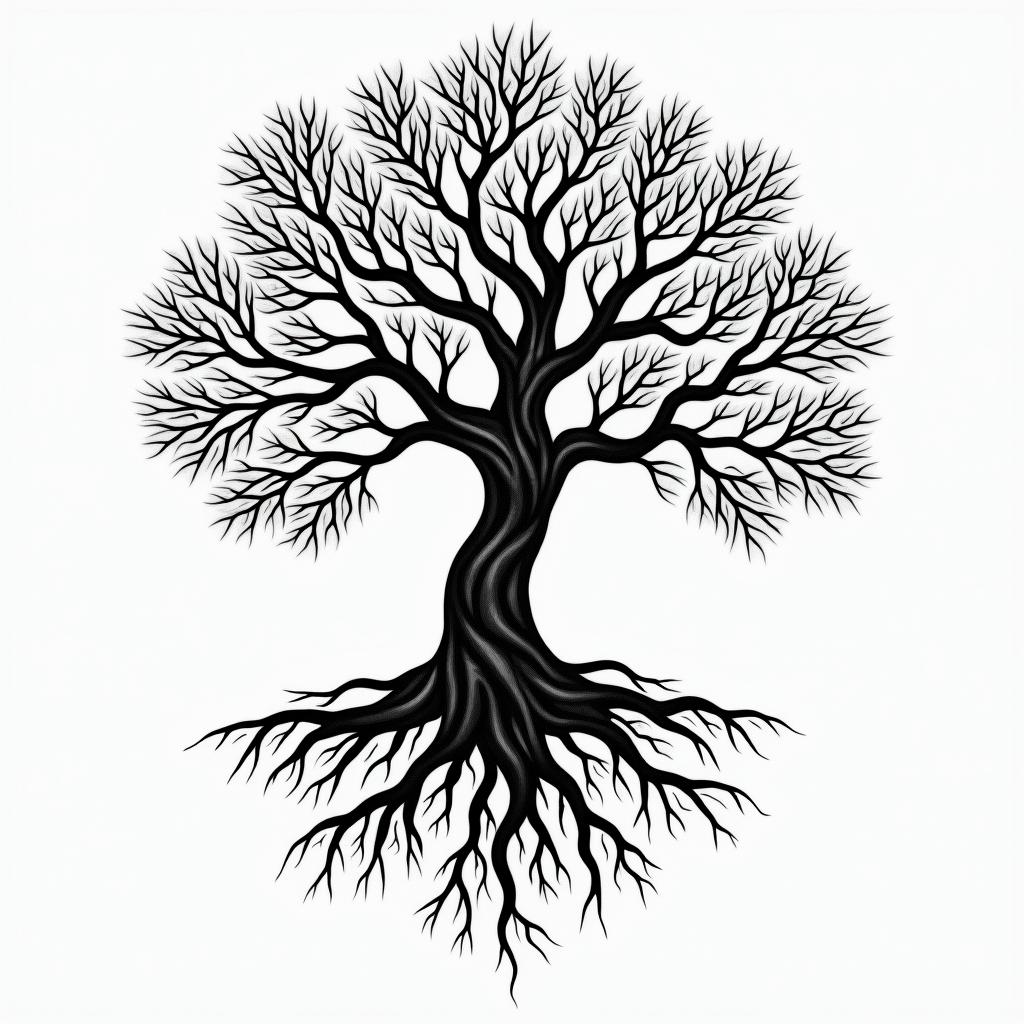 Tree of life with roots and branchesin authentic tattoo style, incorporating traditional modifications, bold black outlines, solid color fills, featuring classic authentic elements - Variation 3