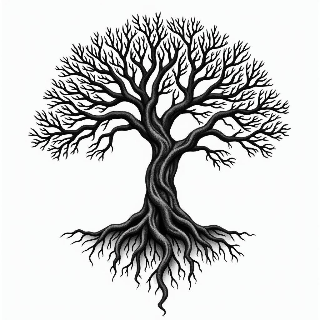 Tree of life with roots and branchesin authentic tattoo style, incorporating traditional modifications, bold black outlines, solid color fills, featuring classic authentic elements - Variation 2