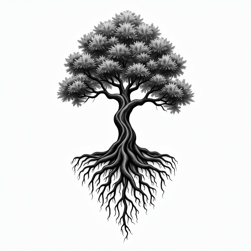 Tree of life with roots and branchesin authentic tattoo style, incorporating traditional modifications, bold black outlines, solid color fills, featuring classic authentic elements