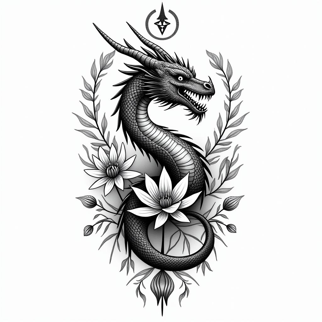 A dragon surrounded by only larkspurs and water lily’sin paganic style tattoo, featuring ancient symbols, add vegvisir symbol, mystical figures, incorporating designs, pentagrams, runes, crescent moons,