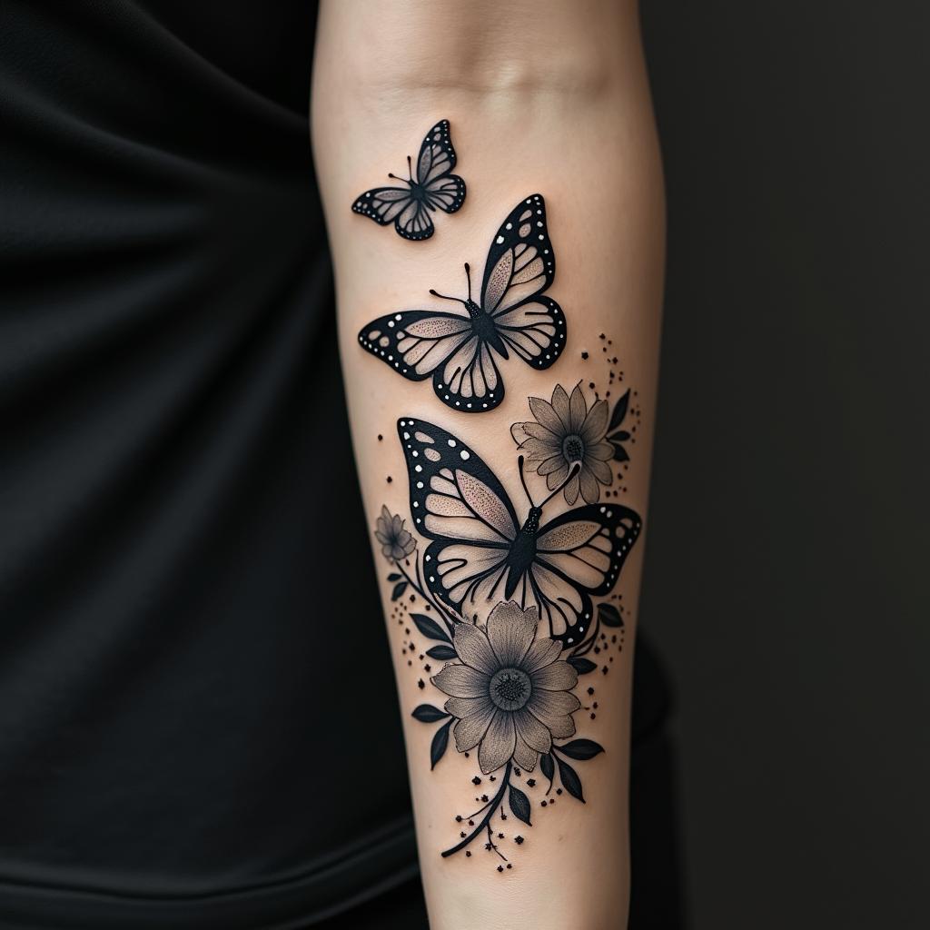 Butterflies,stardust,flowers,stars, Galaxyin portrait tattoo style, featuring a highly realistic and detailed depiction  - Variation 7