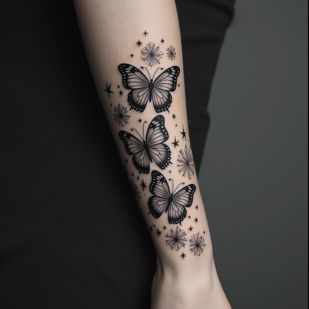 Butterflies,stardust,flowers,stars, Galaxyin portrait tattoo style, featuring a highly realistic and detailed depiction  - Variation 8