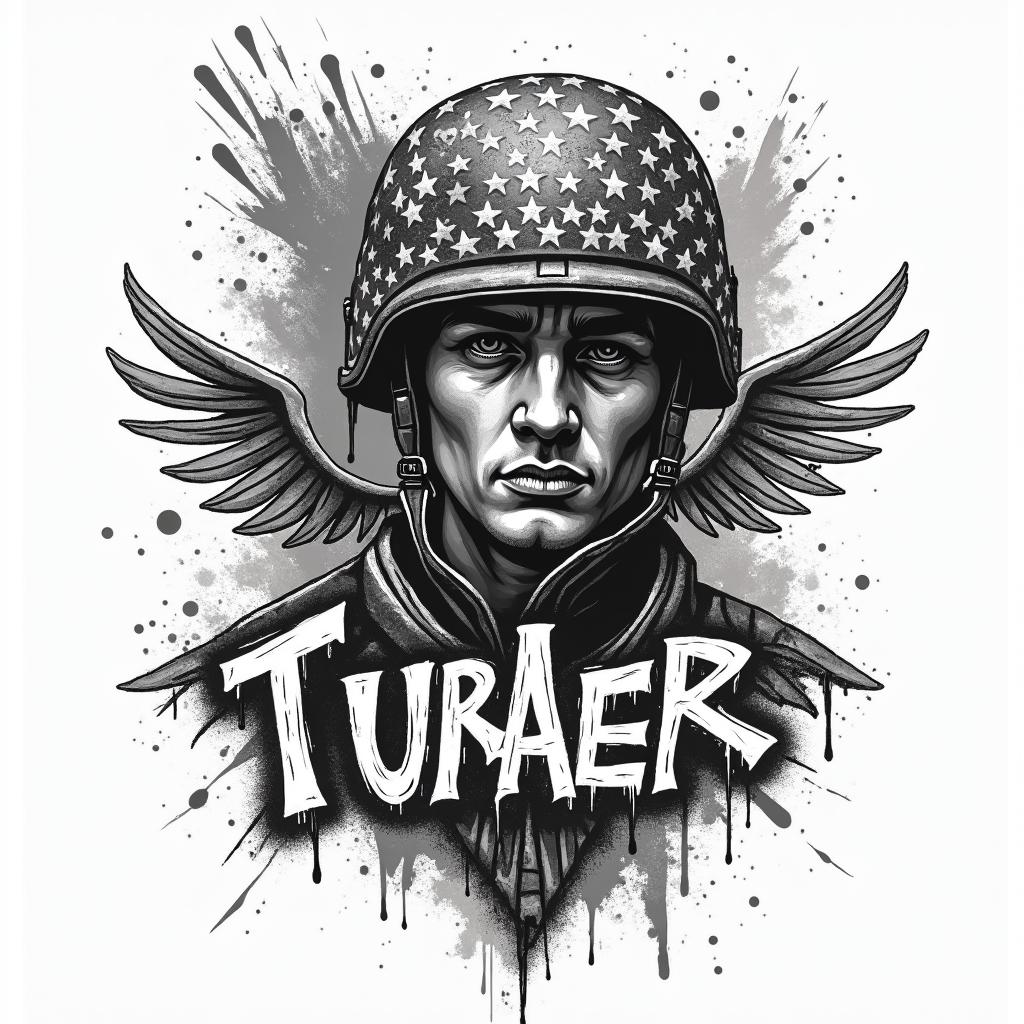 American Soldier, LGBTin graffiti style tattoo, featuring bold and dynamic street art elements, spray-paint texture with exaggerated lines and expressive, chaotic brushstrokes, intricate lettering incorporated with graffiti tags, symbols like hearts, stars, and wings - Variation 4