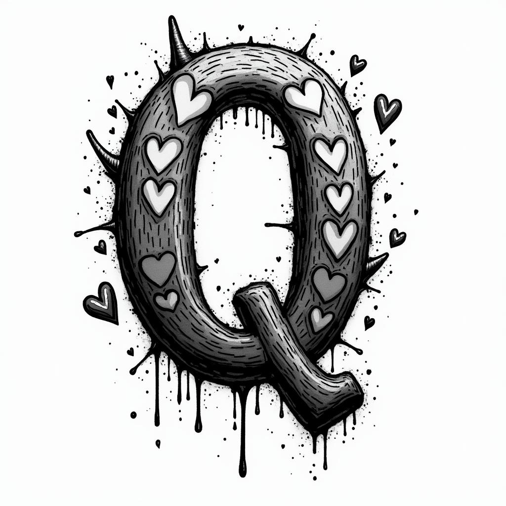 The letter "Q" please stylishly.in graffiti style tattoo, featuring bold and dynamic street art elements, spray-paint texture with exaggerated lines and expressive, chaotic brushstrokes, intricate lettering incorporated with graffiti tags, symbols like hearts, stars, and wings - Variation 2