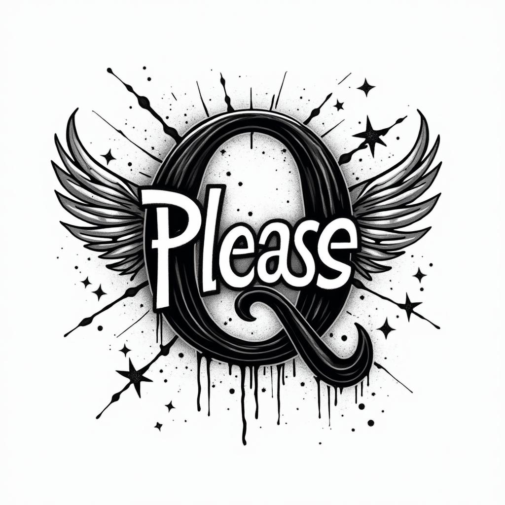 The letter "Q" please stylishly.in graffiti style tattoo, featuring bold and dynamic street art elements, spray-paint texture with exaggerated lines and expressive, chaotic brushstrokes, intricate lettering incorporated with graffiti tags, symbols like hearts, stars, and wings - Variation 3