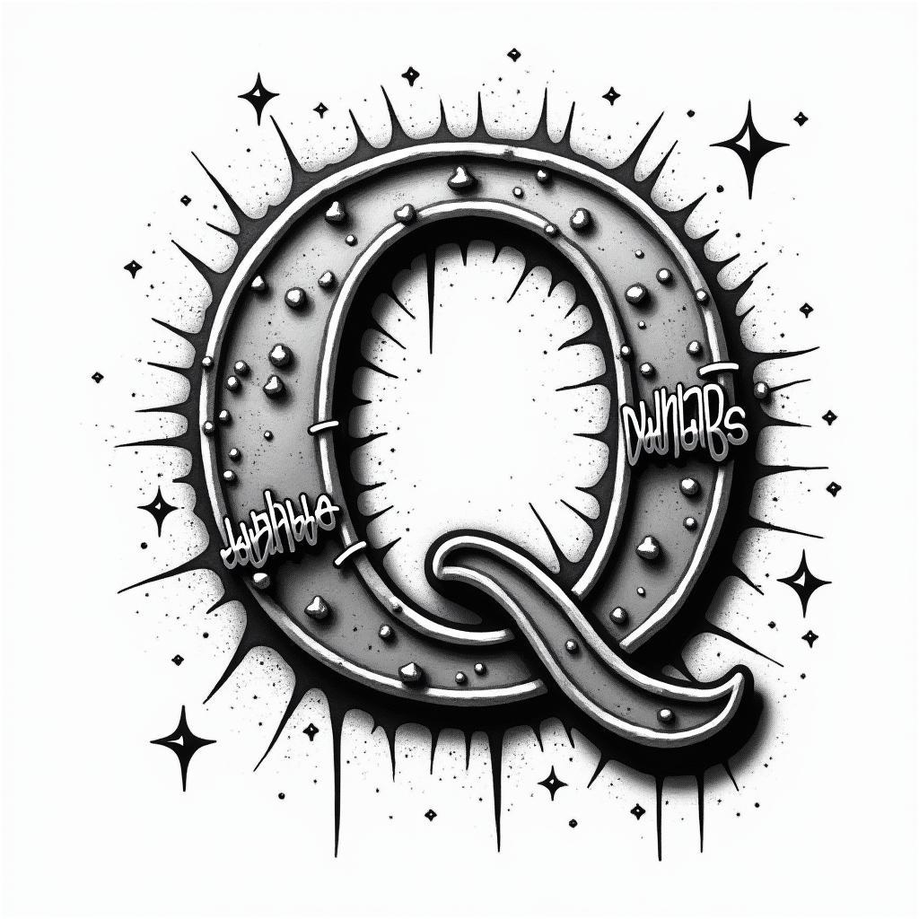 The letter "Q" please stylishly.in graffiti style tattoo, featuring bold and dynamic street art elements, spray-paint texture with exaggerated lines and expressive, chaotic brushstrokes, intricate lettering incorporated with graffiti tags, symbols like hearts, stars, and wings - Variation 4