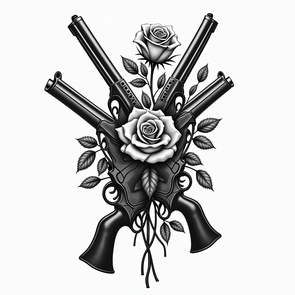 A tattoo design featuring realistic guns intricately intertwined with traditional roses. The composition captures the essence of gangster culture inspired by "The Krays," blending strength and beauty in a harmonious, detailed artwork. The roses should be lush and vibrant, contrasting with the cold steel of the guns, symbolizing both danger and allure.higly detailed tattoo - Variation 3