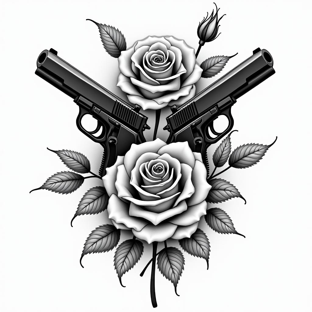 A tattoo design featuring realistic guns intricately intertwined with traditional roses. The composition captures the essence of gangster culture inspired by "The Krays," blending strength and beauty in a harmonious, detailed artwork. The roses should be lush and vibrant, contrasting with the cold steel of the guns, symbolizing both danger and allure.higly detailed tattoo - Variation 4