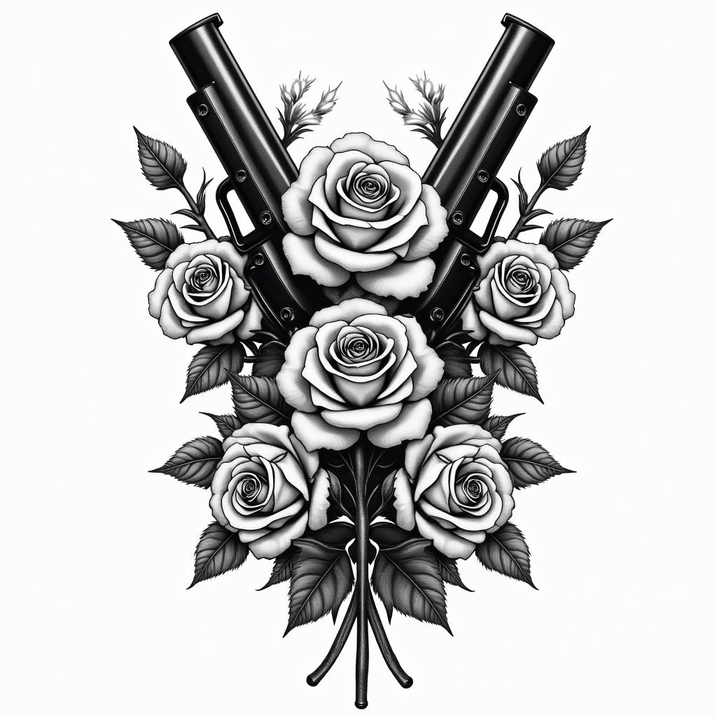 A tattoo design featuring realistic guns intricately intertwined with traditional roses. The composition captures the essence of gangster culture inspired by "The Krays," blending strength and beauty in a harmonious, detailed artwork. The roses should be lush and vibrant, contrasting with the cold steel of the guns, symbolizing both danger and allure.higly detailed tattoo - Variation 2