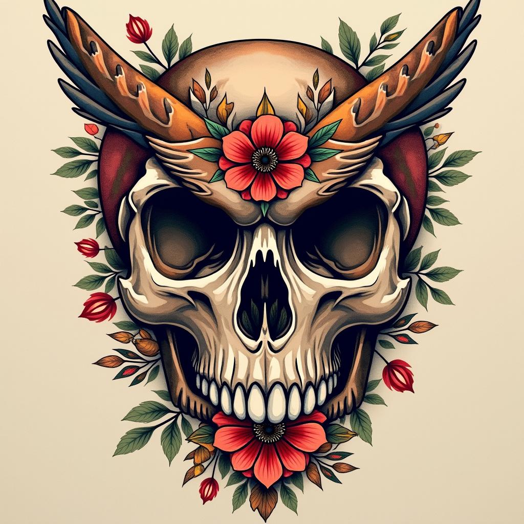 Skull with owl and flowersin bohemian style tattoo, 8k - Variation 2