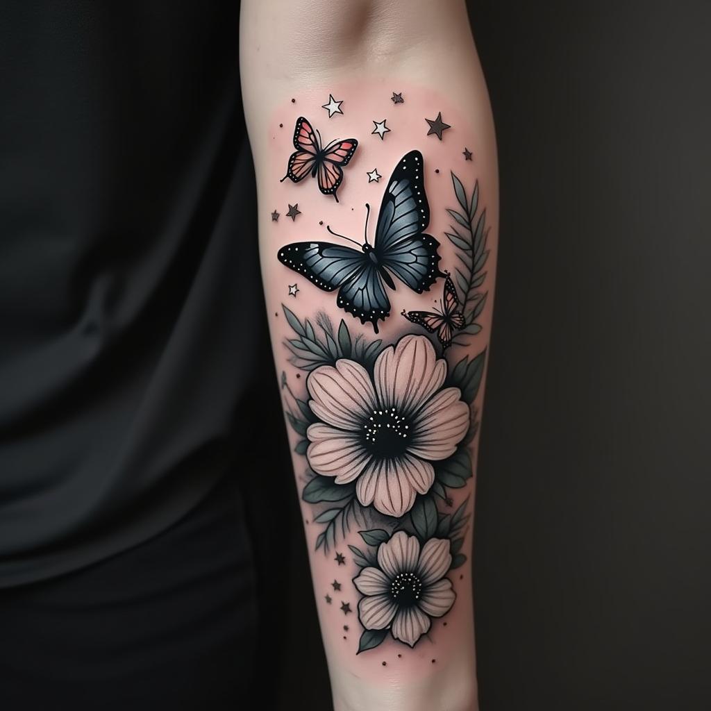 Butterflies,stardust,flowers,stars, Galaxyin portrait tattoo style, featuring a highly realistic and detailed depiction  - Variation 2