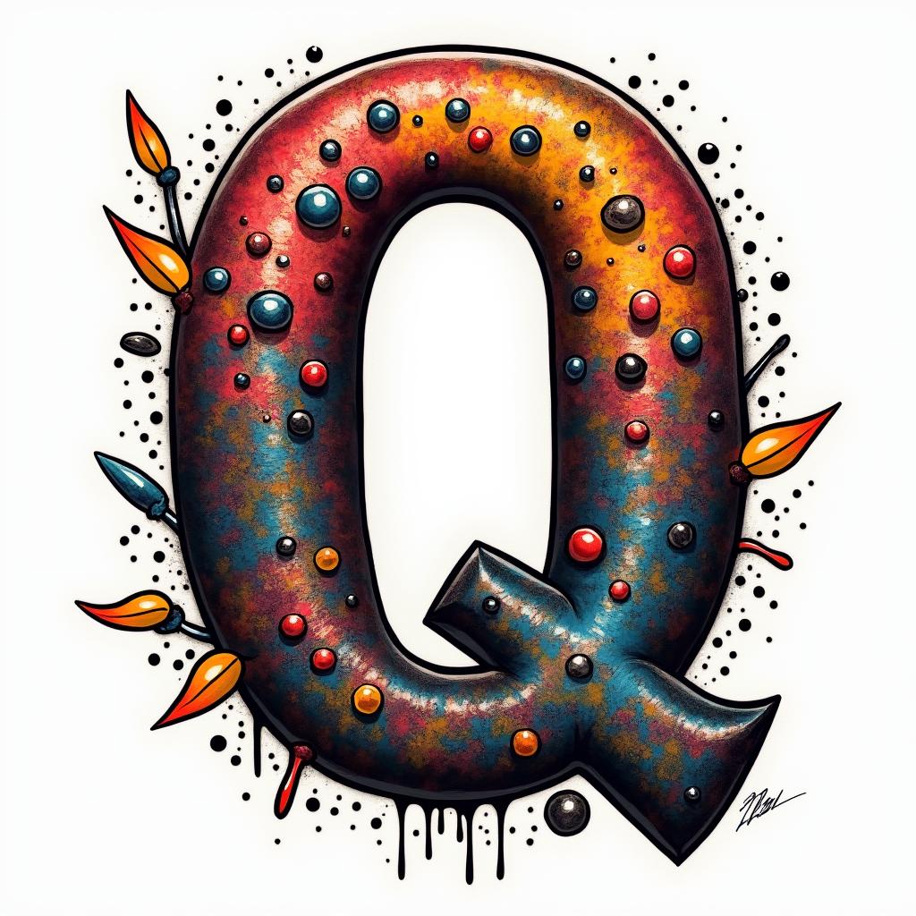 The letter Qin pop art style tattoo, featuring bold and vibrant colors, exaggerated outlines, iconic imagery, inspired by comic books and speech bubbles, comic book characters, retro pop culture - Variation 4
