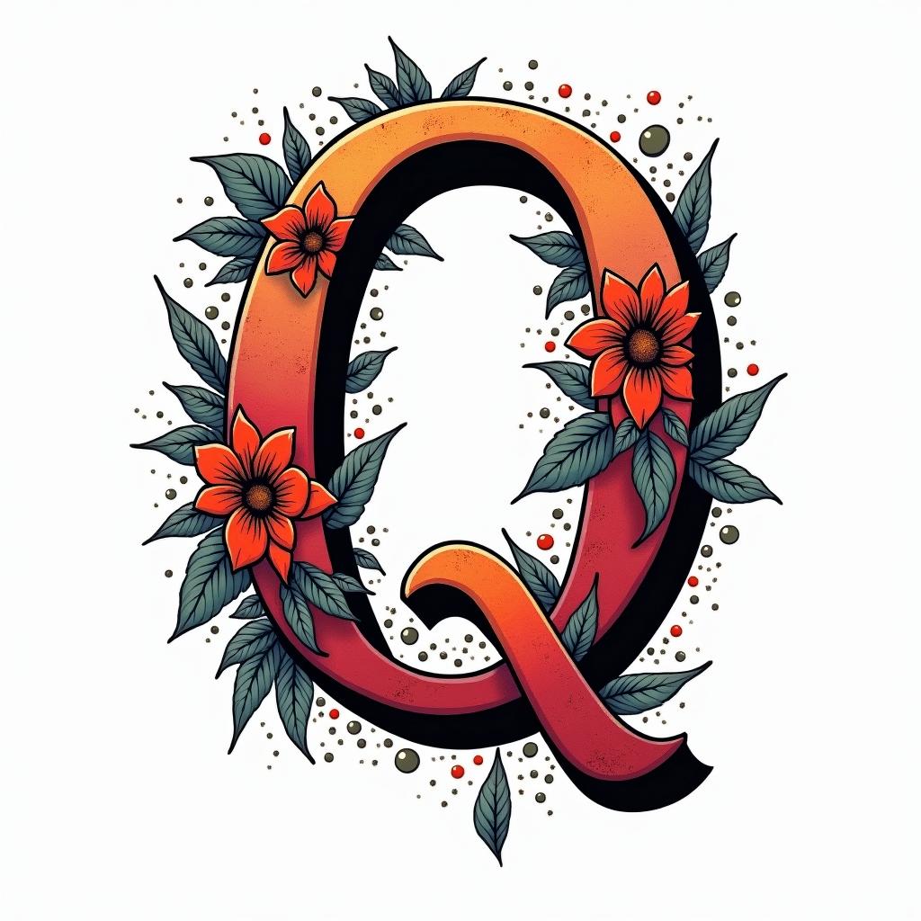 The letter Qin pop art style tattoo, featuring bold and vibrant colors, exaggerated outlines, iconic imagery, inspired by comic books and speech bubbles, comic book characters, retro pop culture