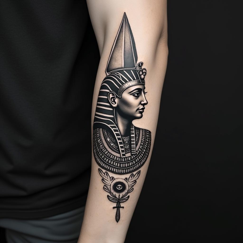 I want a full sleeve tattoo that includes something from Viking mythology, the Sagittarius sign, and the letters B B.in egyptian style tattoo, bold elements of ancient egyptian culture including a portrait of an Egyptian pharaoh with detailed facial features, in hieroglyphs and symbolic imagery, eye of horus, ankh symbol, scarab beetle