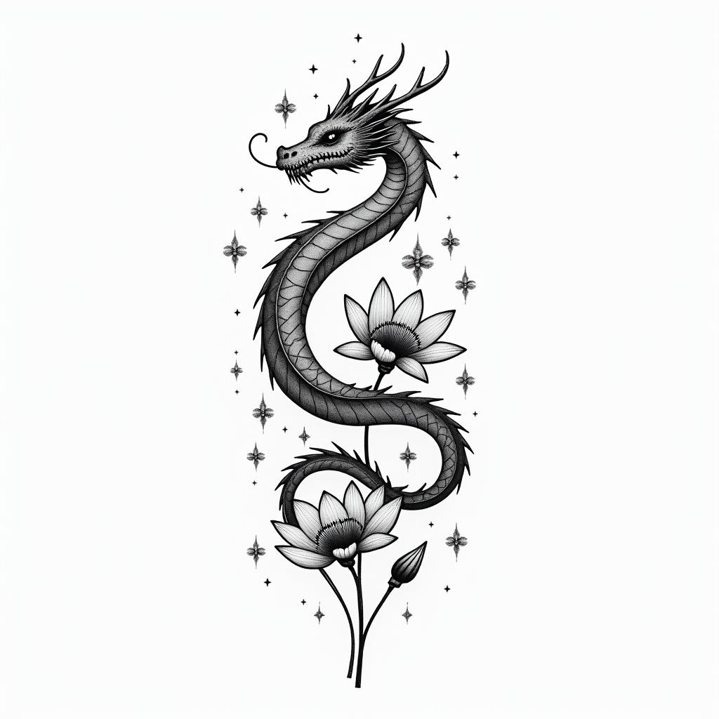 A dragon surrounded by larkspurs and water lily’sin minimalist style tattoo, featuring simple shapes and fine lines, with minimal shading and details, tiny triangles, creating a sense of balance and harmony - Variation 2
