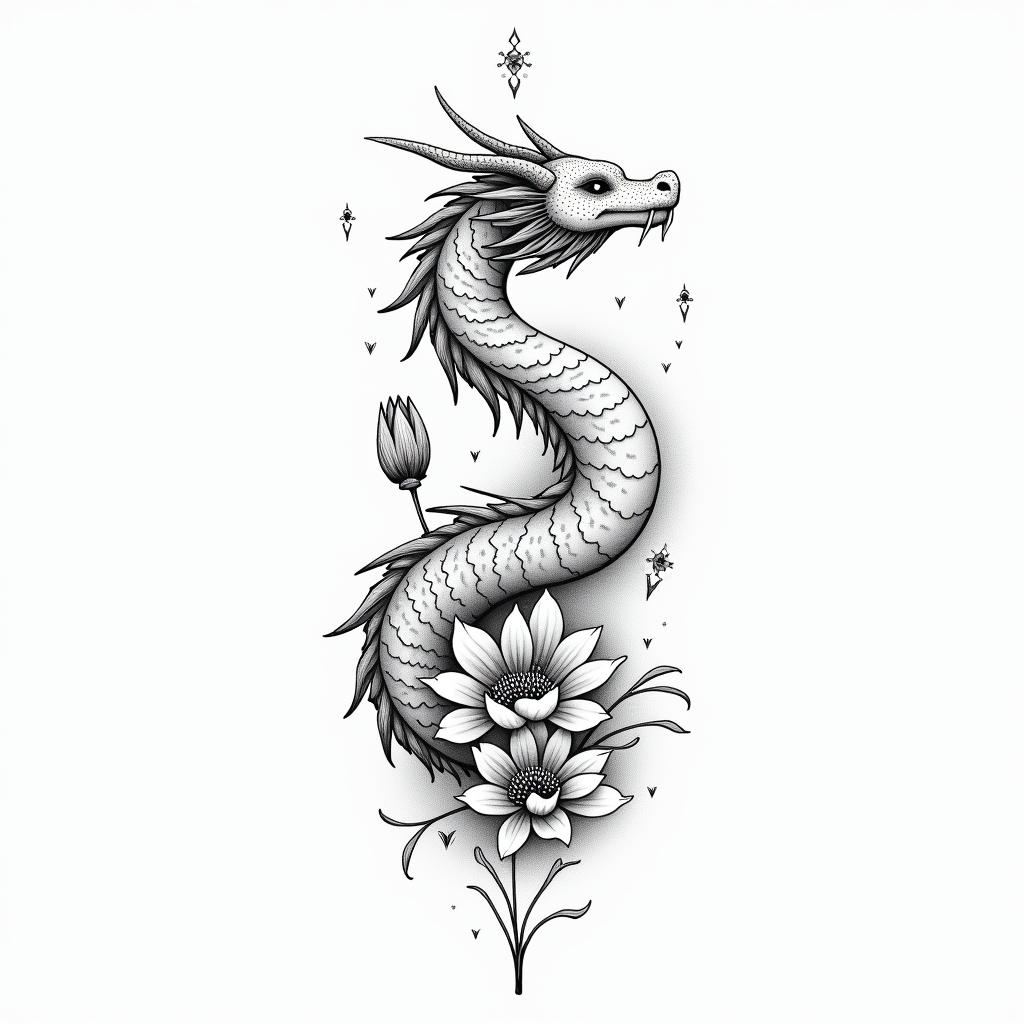 A dragon surrounded by larkspurs and water lily’sin minimalist style tattoo, featuring simple shapes and fine lines, with minimal shading and details, tiny triangles, creating a sense of balance and harmony - Variation 3
