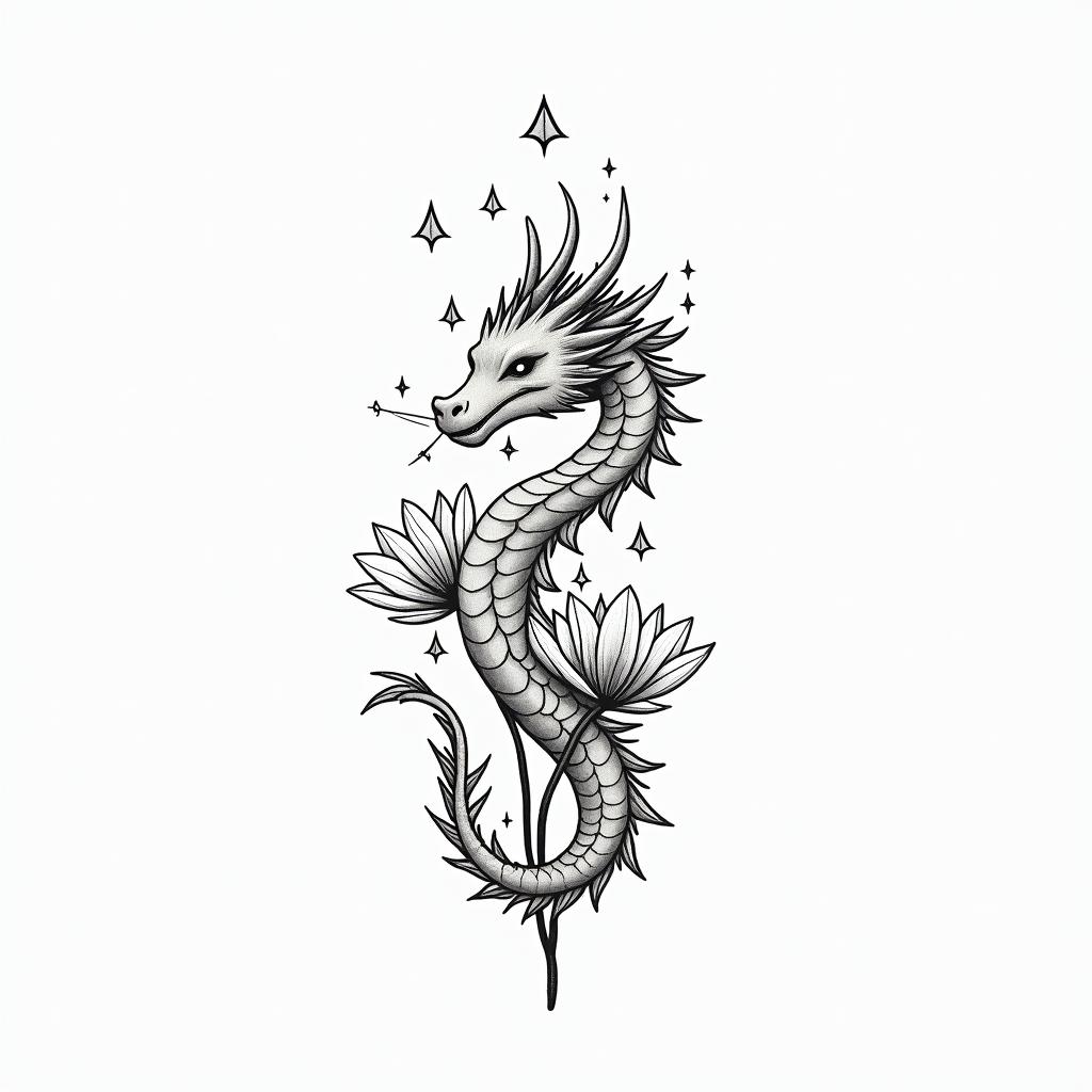 A dragon surrounded by larkspurs and water lily’sin minimalist style tattoo, featuring simple shapes and fine lines, with minimal shading and details, tiny triangles, creating a sense of balance and harmony - Variation 4