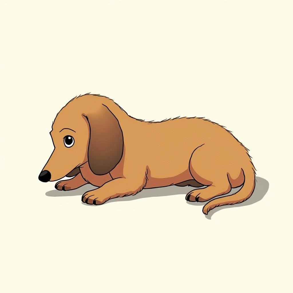 Design a tattoo of a long-haired dachshund lying on its back. Its ears are sticking out.Ghibli, Studio Ghibli aesthetic, hand-drawn anime style, retro nostalgic atmosphere, retro soft pastel color palette with earthy tones, retro Japanese cinematic shot, yellow tint effect, bald character, smooth surface, anime shadow 90's anime style