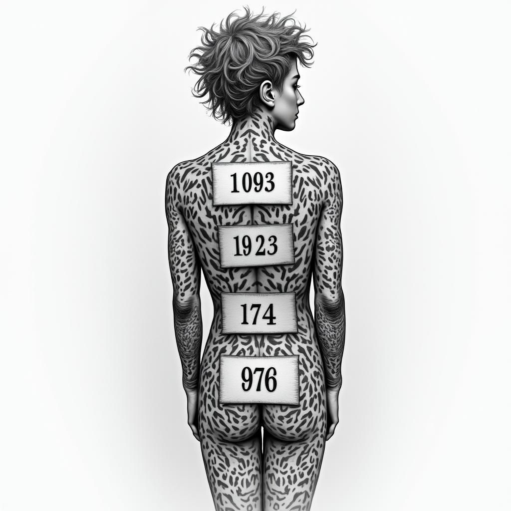 Using Six birthdates to create a human formtext-based tattoo, gothic font ultra-realistic, perfectly placed, high-quality font design, photo-realistic shading, 8k, high quality, finely detailed typography - Variation 3