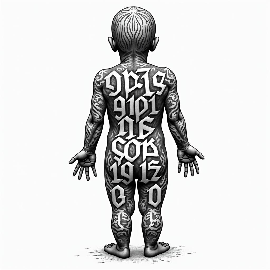 Using Six birthdates to create a human formtext-based tattoo, gothic font ultra-realistic, perfectly placed, high-quality font design, photo-realistic shading, 8k, high quality, finely detailed typography - Variation 4