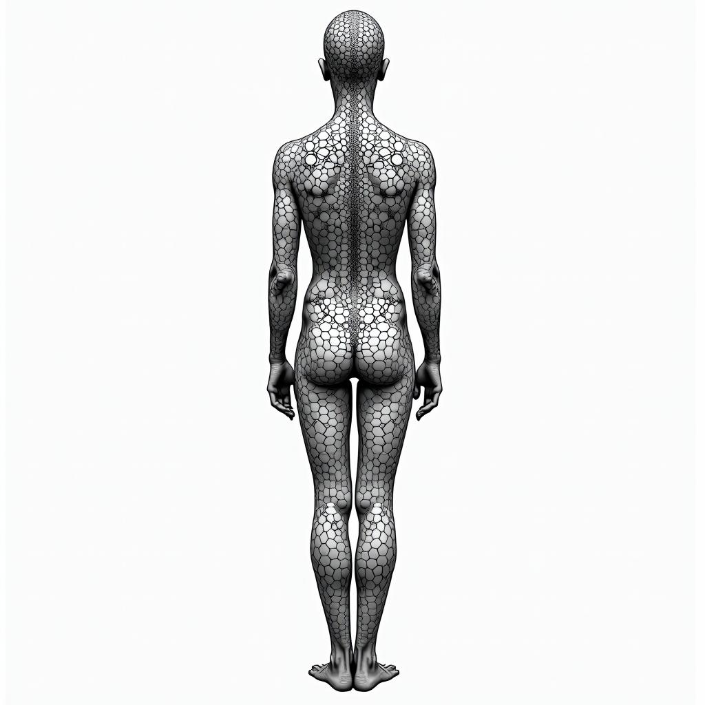 Using Six birthdates to create a human form in geometric style tattoo, blending hexagons, mandala-inspired patterns, symmetrical and fractal design, clean lines, sharp angles
