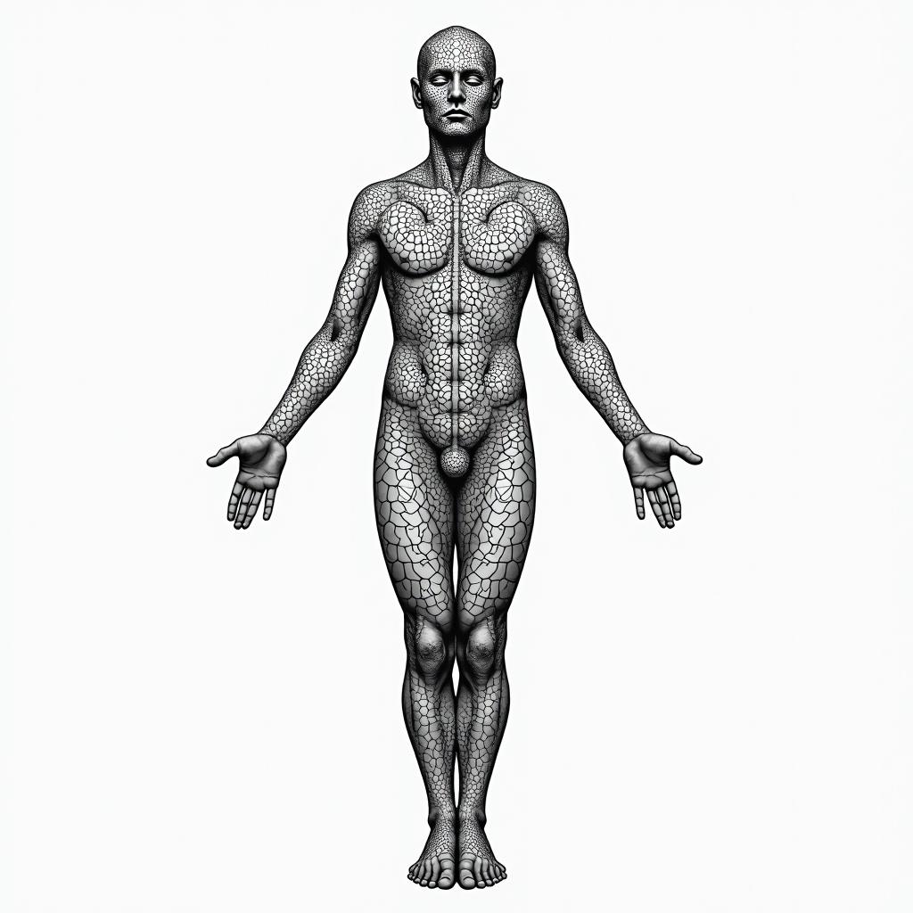 Using Six birthdates to create a human form in geometric style tattoo, blending hexagons, mandala-inspired patterns, symmetrical and fractal design, clean lines, sharp angles - Variation 2
